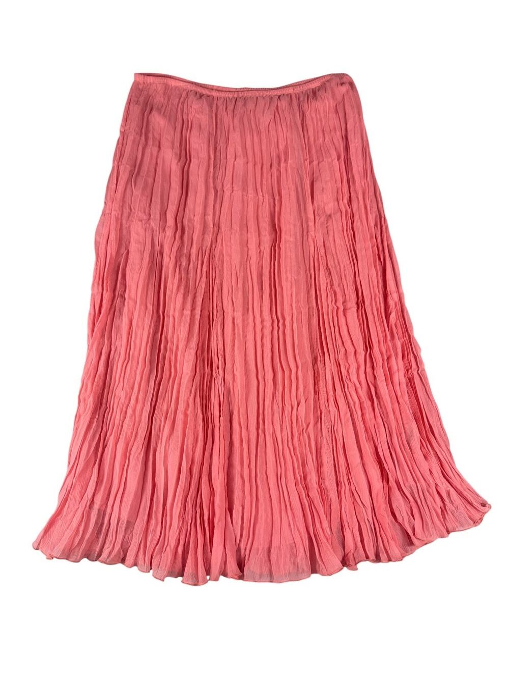 Ruby Rd Petite Sz 12P Coral Pink Crinkle Pleated Midi Skirt Elastic Waist Lined